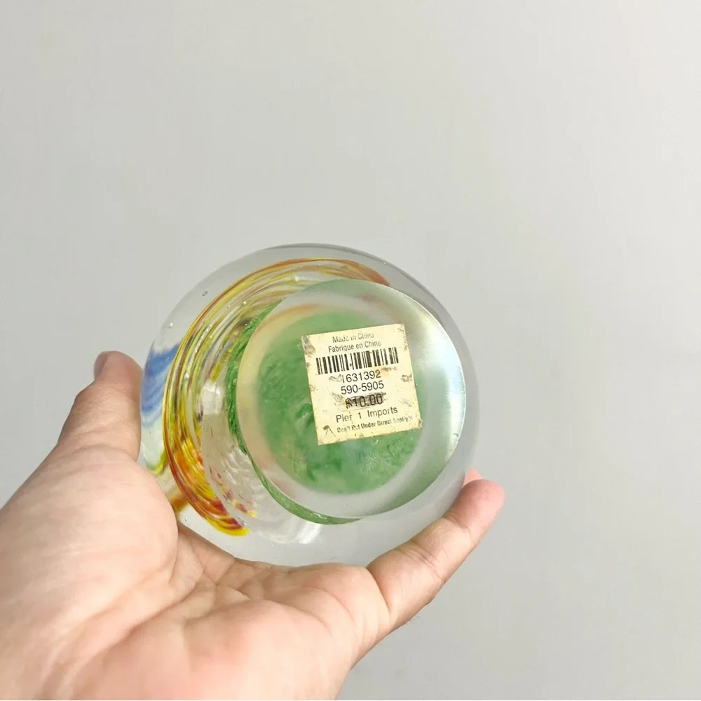 Vintage Pier One Glass Globe Paperweight w Multicolored Swirls Down Middle 2.5lb